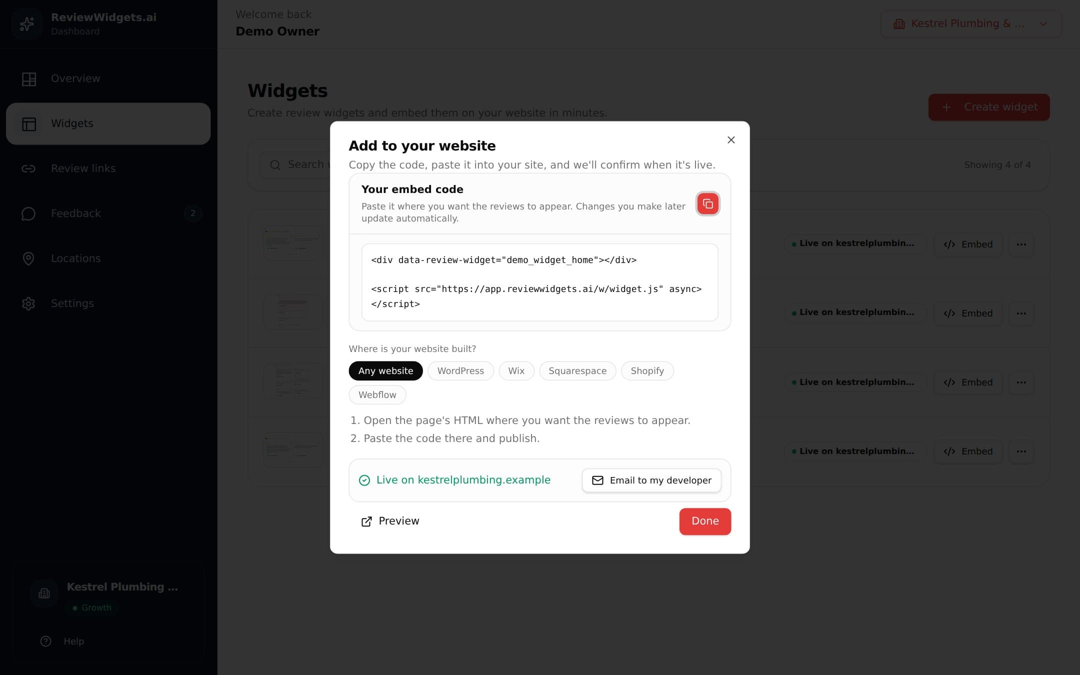 Embed code dialog with platform picker