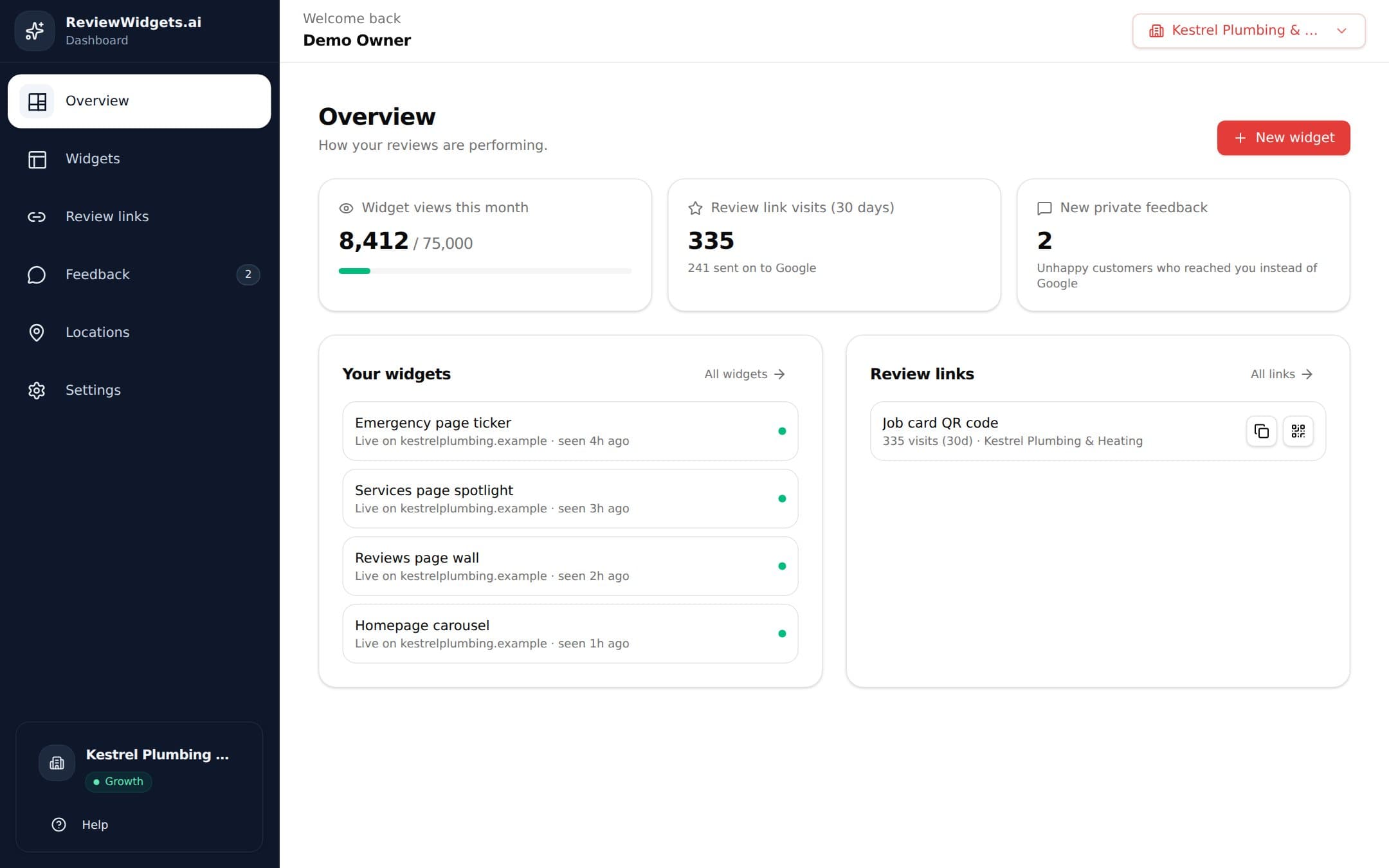 Dashboard overview with views and embeds