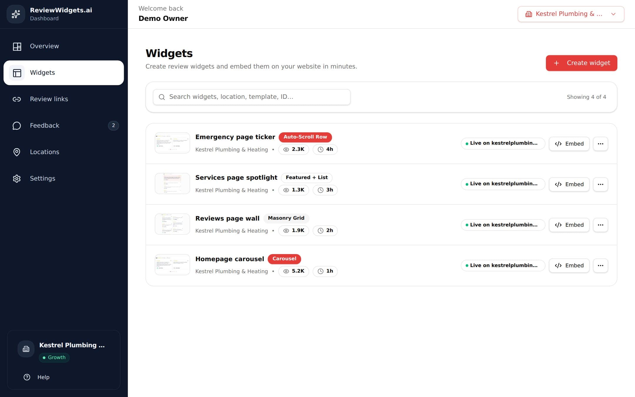 Widgets list showing where each widget is live